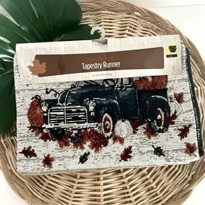Fall Perfect Harvest Blue Truck Tapestry Table Runner Autumn Leaves NWT